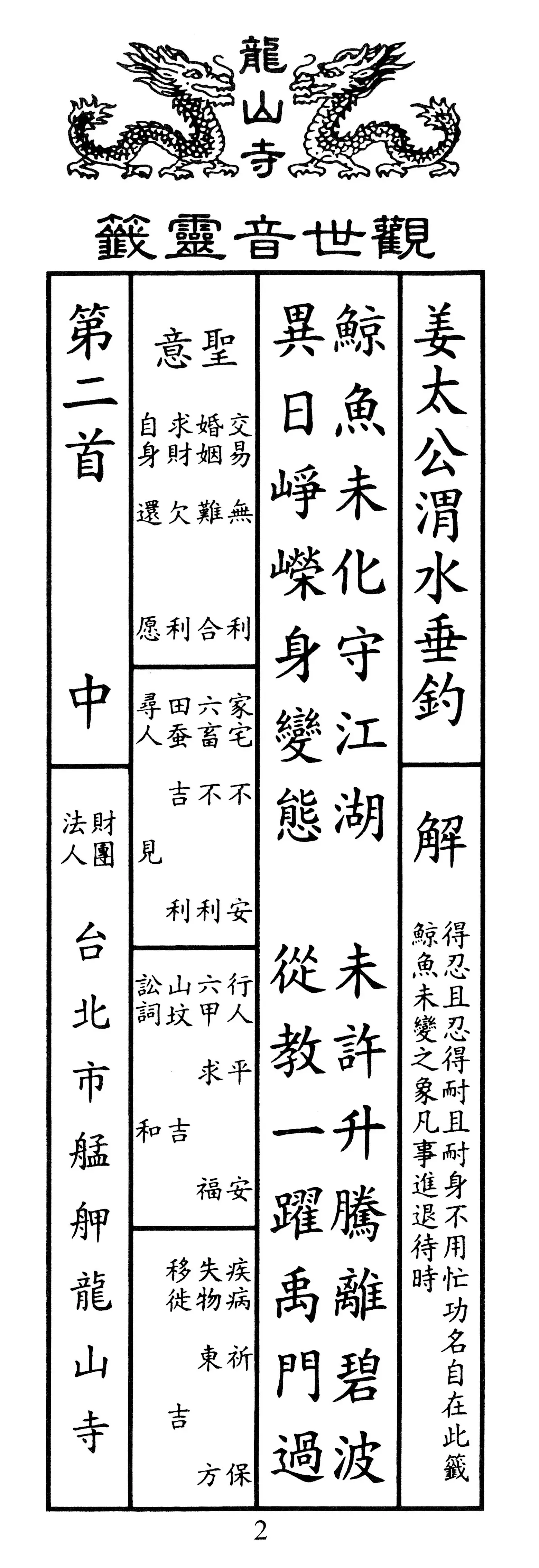 籤詩版本1: 鯨魚未化守江湖
未許升騰離碧波
異日崢嶸身變態
從教一躍禹門過 - 籤詩版本2: 