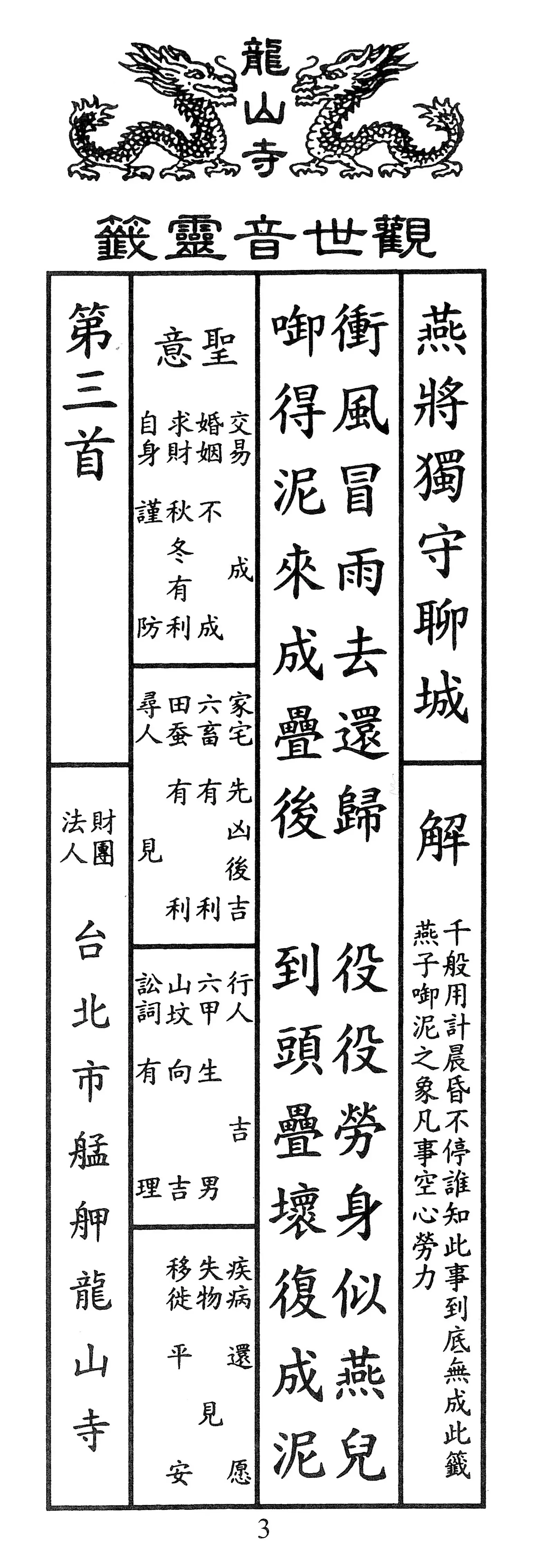 籤詩版本1: 衝風冒雨去還歸
役役勞身似燕兒
啣得泥來呈疊後
到頭疊壞復成泥 - 籤詩版本2: 