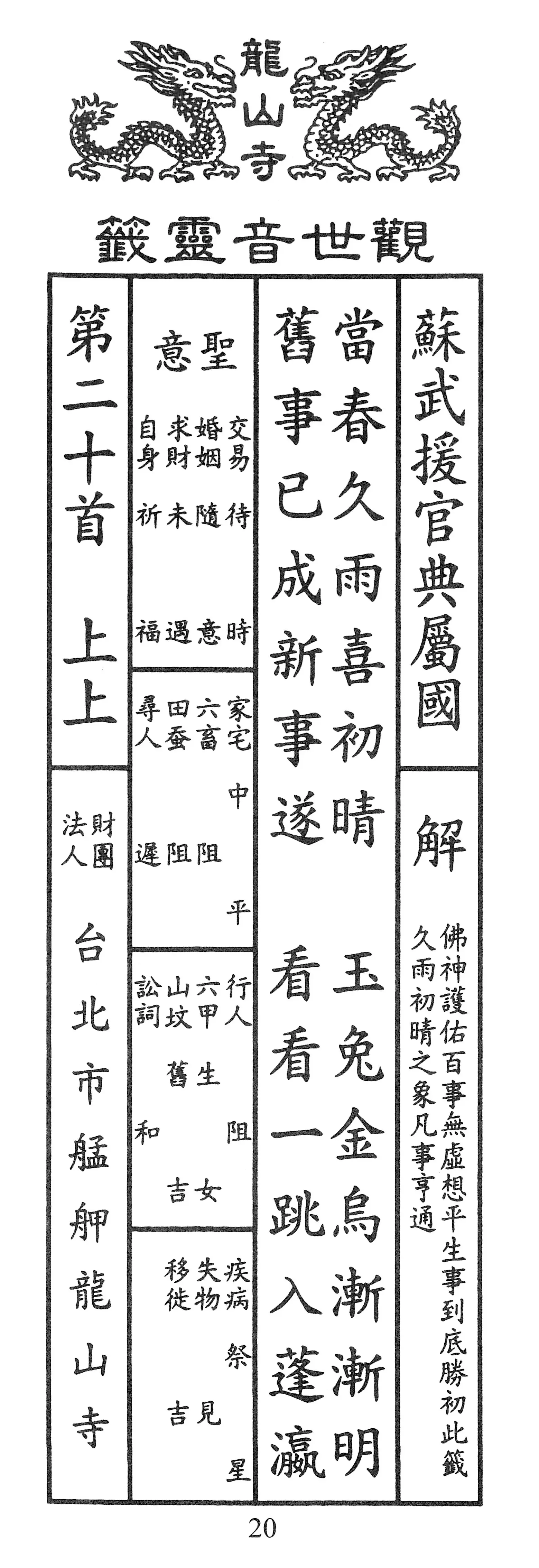 籤詩版本1: 當春久雨喜初晴
玉兔金烏漸漸明
舊事已成新事遂
看看一跳入蓬瀛 - 籤詩版本2: 