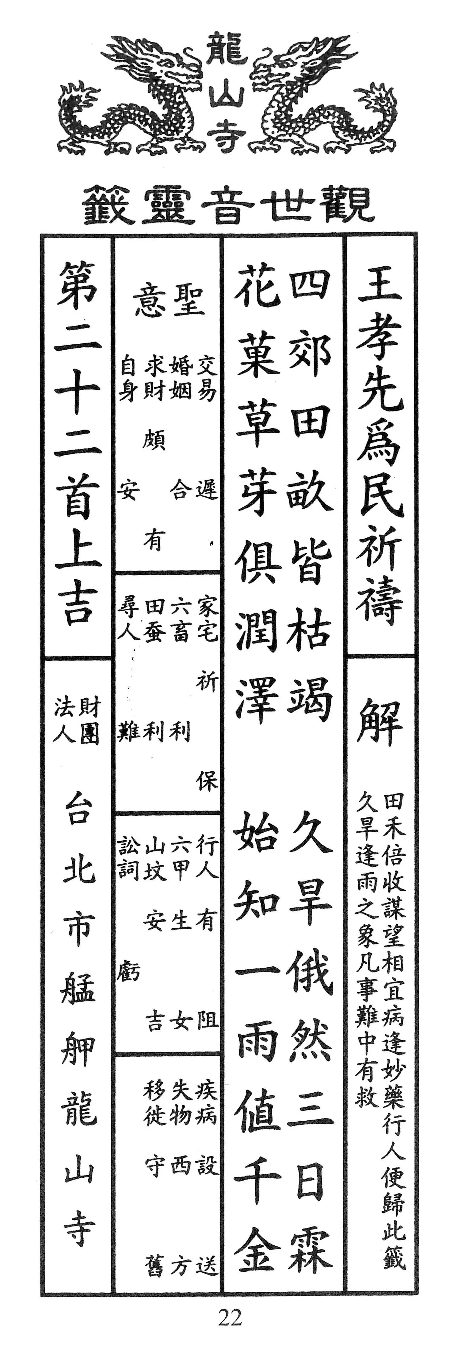 籤詩版本1: 四郊田畝皆枯竭
久旱俄然三日霖
花果草芽俱潤澤
始知一雨值千金 - 籤詩版本2: 