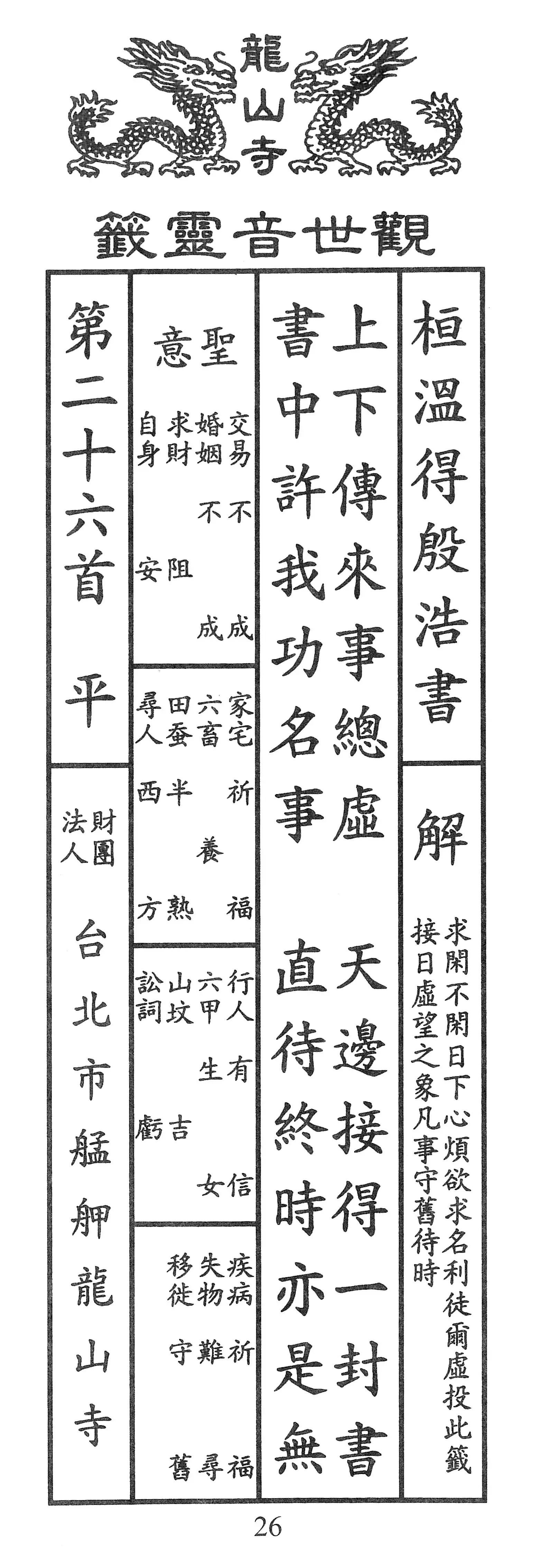 籤詩版本1: 上下傳來事總虛
天邊接得一封書
書中許我功名事
直待終時亦是無 - 籤詩版本2: 