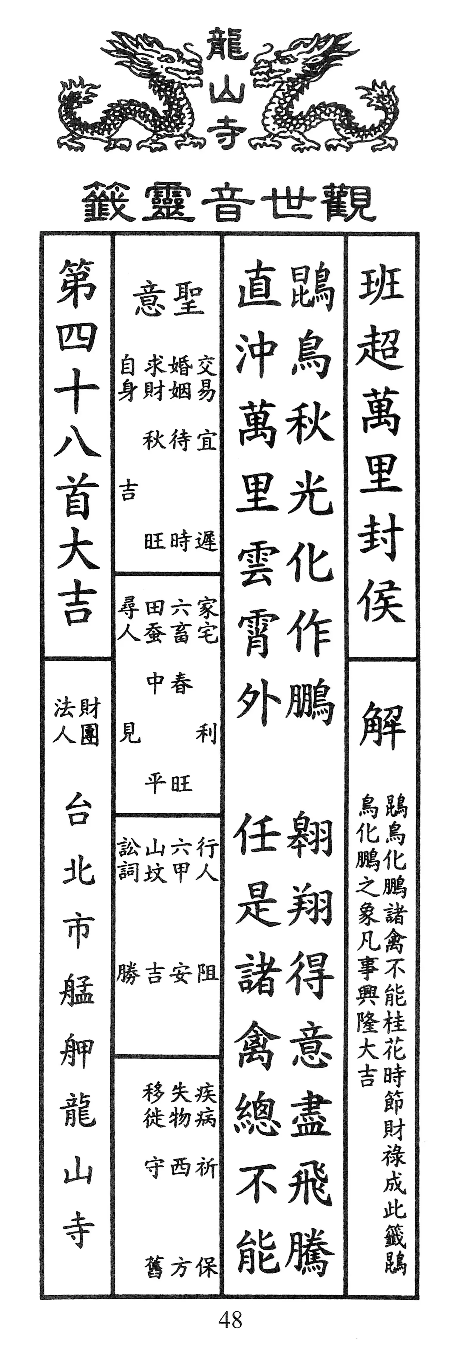 籤詩版本1: 鵾鳥秋光化作鵬
遨翔得意盡飛騰
直沖萬里雲霄外
任是諸禽總不能 - 籤詩版本2: 