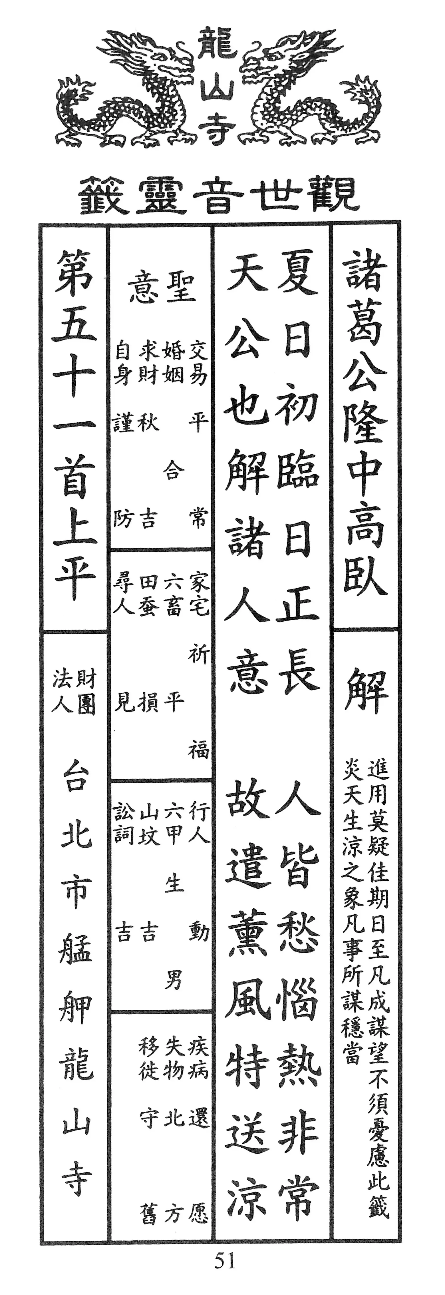 籤詩版本1: 夏日初臨日正長
人皆愁惱熱非常
天公也解諸人意
故遣薰風特送涼 - 籤詩版本2: 