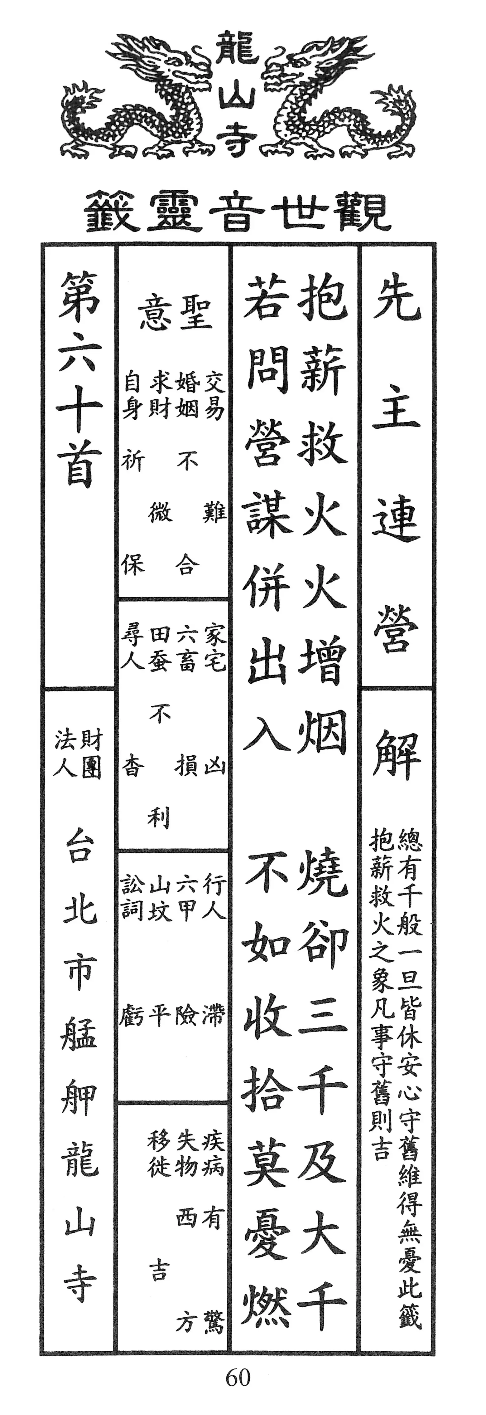 籤詩版本1: 抱薪救火火增烟
燒卻三千及大千
若問營謀併出入
不如收拾莫憂燃 - 籤詩版本2: 