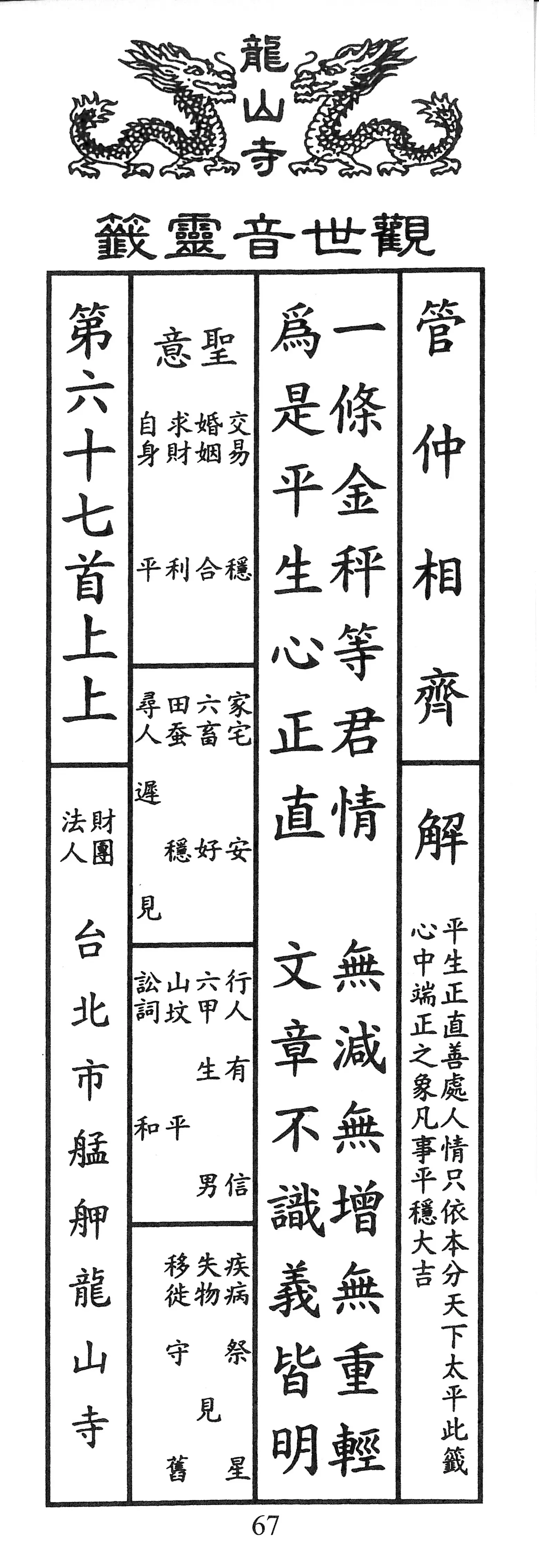 籤詩版本1: 一條金秤等君情
無增無減無重輕
為是平生心正直
文章不識義皆明 - 籤詩版本2: 