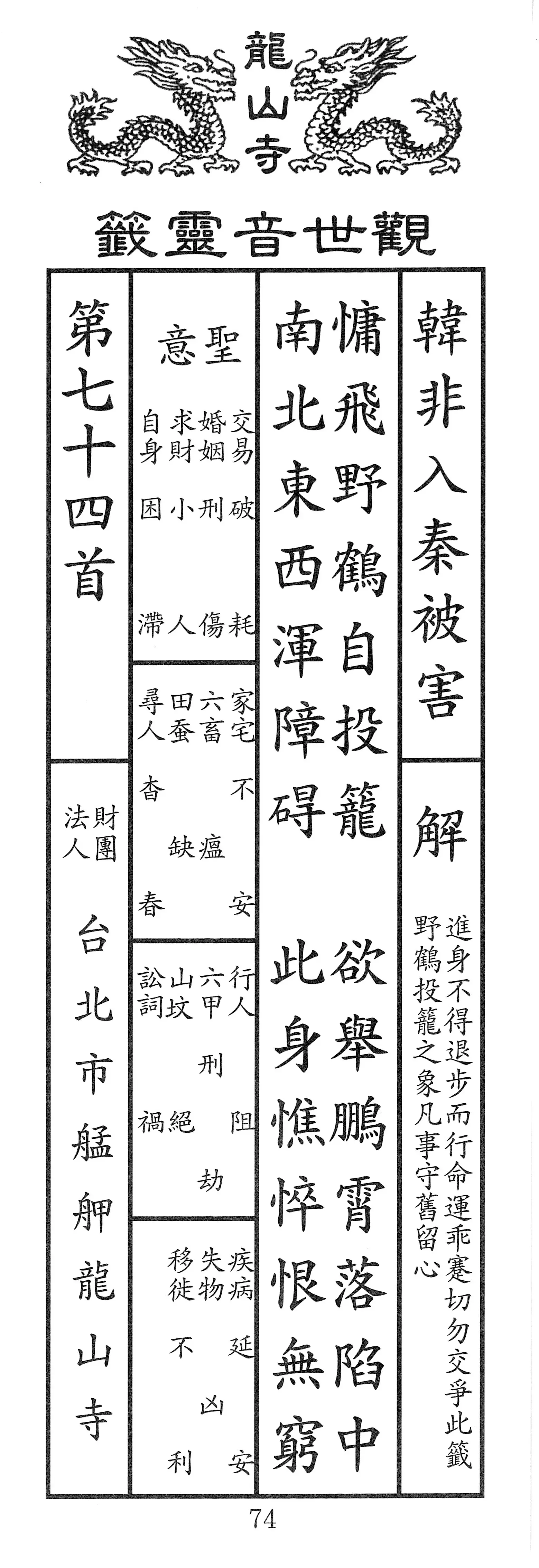 籤詩版本1: 慵飛野鶴自投籠
欲舉鵬霄落陷中
南北東西混障碍
此身憔悴恨無窮 - 籤詩版本2: 