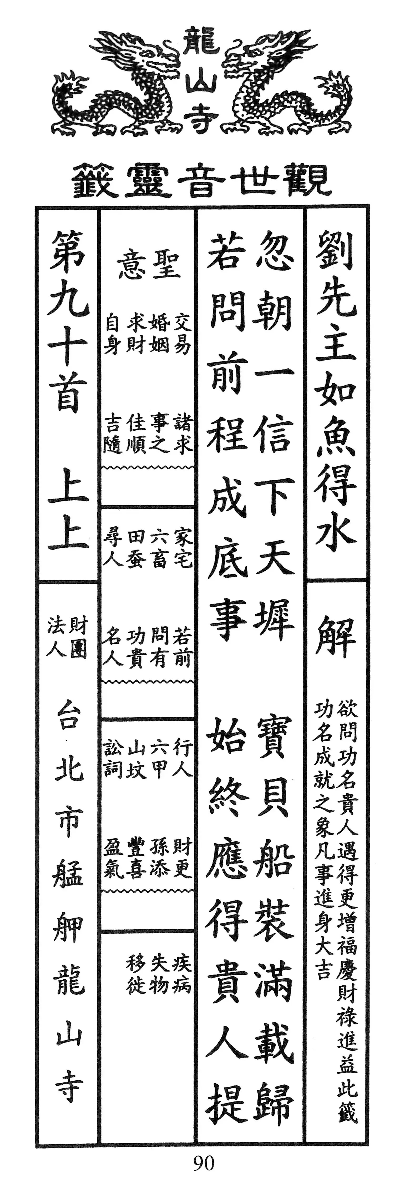 籤詩版本1: 忽朝一信天下墀
寶貝船裝滿載歸
若問前程成底事
始終應得貴人提 - 籤詩版本2: 