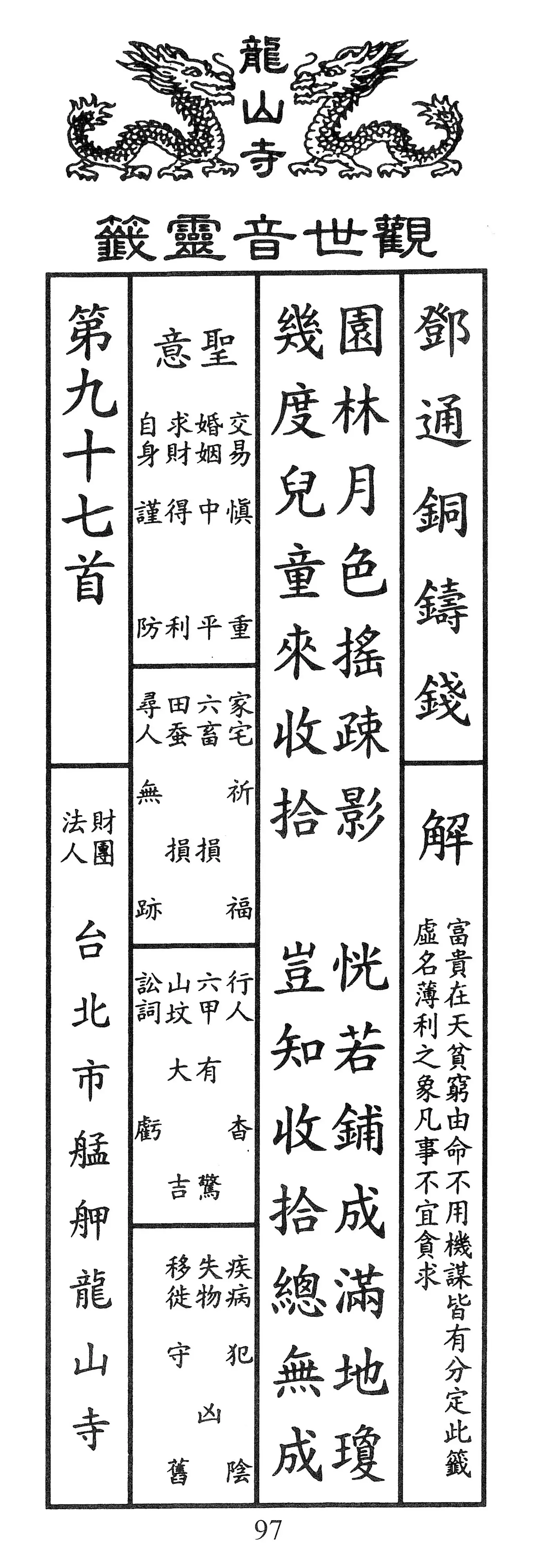 籤詩版本1: 園林月色搖疎影
恍若鋪成滿地瓊
幾度兒童來收拾
豈知收拾總無成
疎：音同疏 - 籤詩版本2: 