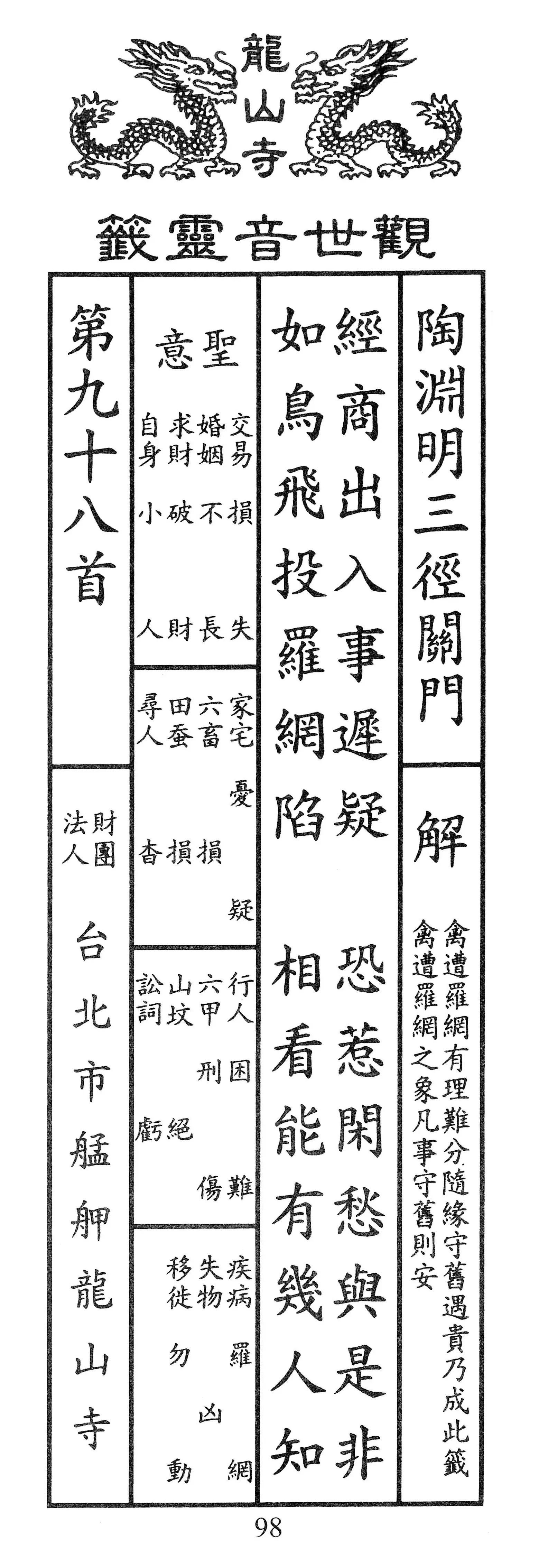 籤詩版本1: 經商出入事遲疑
恐惹閒愁與是非
如鳥飛投羅網陷
相看能有幾人知 - 籤詩版本2: 