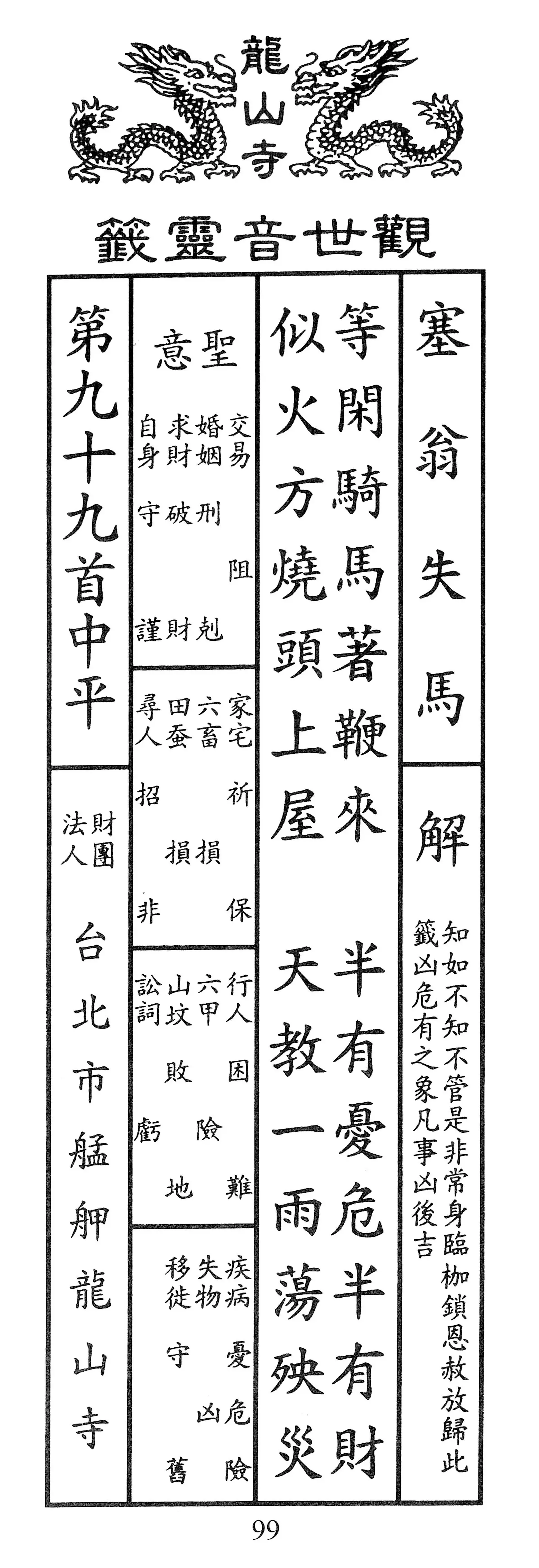 籤詩版本1: 等閑騎馬着鞭來
半有憂危半有財
似火方燒頭上屋
天教一雨蕩殃災 - 籤詩版本2: 