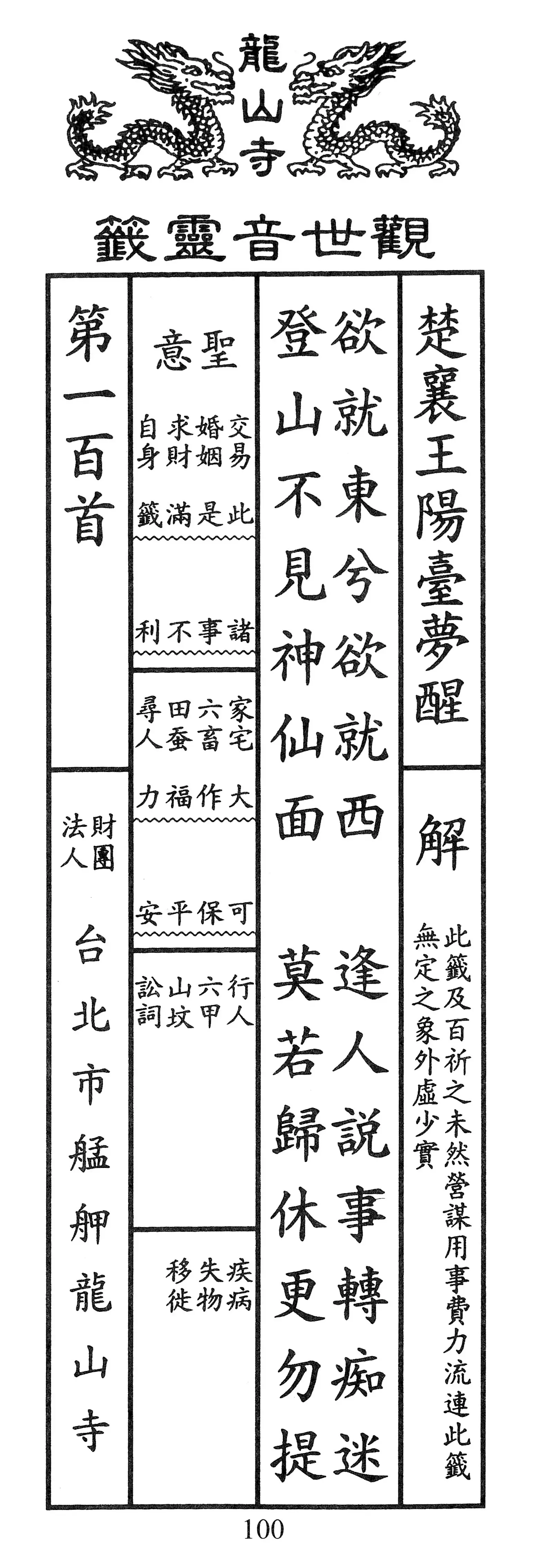 籤詩版本1: 欲就東兮欲就西
逢人說事轉痴迷
登山不見神仙面
莫若歸休更勿提 - 籤詩版本2: 